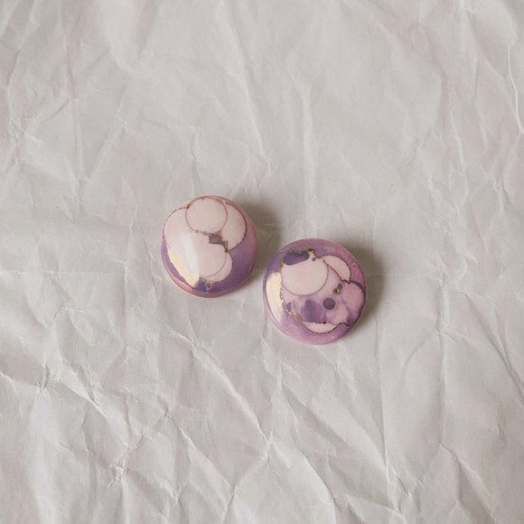 Handmade Jewelry - Vintage Handmade Abstract Pink Purple Painted Ceramic Large Circle Disc Earrings
